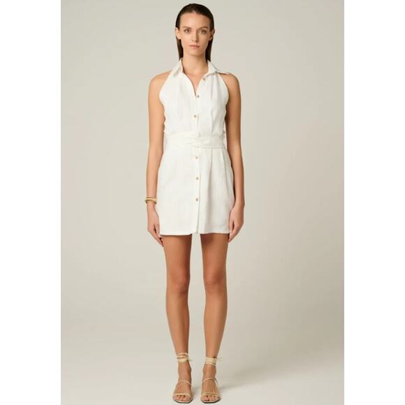 Hevron Domino Mini Dress 100% Linen Sleeveless Cut-Out Belted Shirtdress White - Picture 2 of 11
